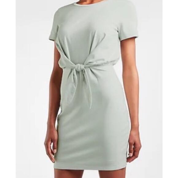 Express Womens Mint Green Stretchy Short Sleeve Knot Tie Mini Dress Sz S - Picture 1 of 2